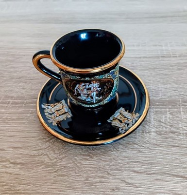 Griechische Espressotasse mit Unterteller Schwarz Gold 24k Handarbeit Mythologie