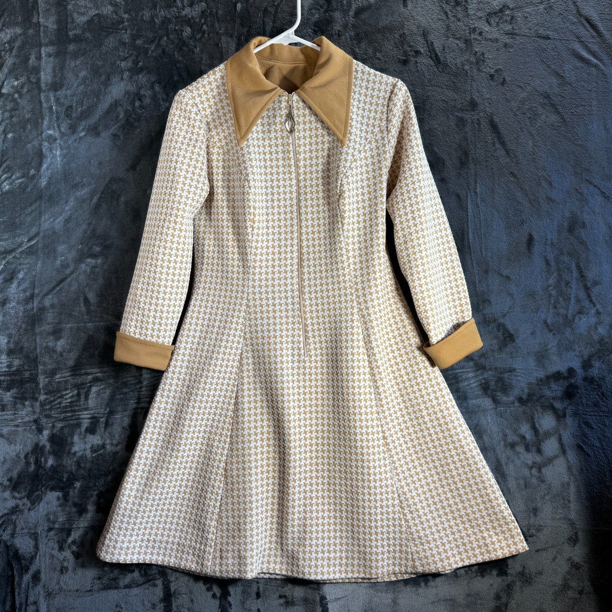 Vintage Lady Carol New York Brown/White front zip MCM Dress houndstooth  Size M