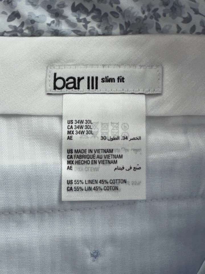 $135 NUEVO BAR III Hombres 34x30 Azul Polvo Calce Ajustado Lino Algodón Pantalones/Pantalones de Vestir Foto 2 de 4