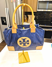 Tory Burch Blue Tan Tote Double Handles Gold Hardware Zip/Snap Logo Pockets