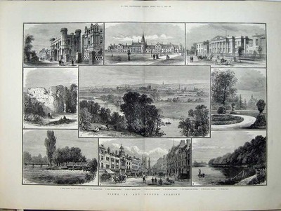 Alter antiker Druck 1882 Reading Forbury Gardens Abbey Gymnasium Kunst 19.