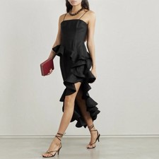 Zimmermann Harmony Tango Black Linen Midi Dress Ruffle Hi Low Hem US 8