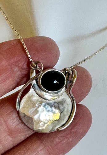 Artisan Hammered Blk Onyx Pendant Marked 925 Sterling comes with SS Chain Modern