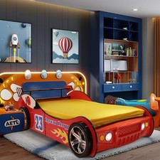 Twin Size Race Car-Shaped Wooden Platform Bed Frame w/Headboard Wheels for Kids