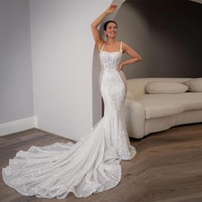 Square Collar Wedding Dress Court Train Appliques Mermaid Bride Gown Customised