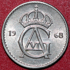 Sweden 1968 U  25 Ore, Gustav VI -   Foreign Coin  17mm