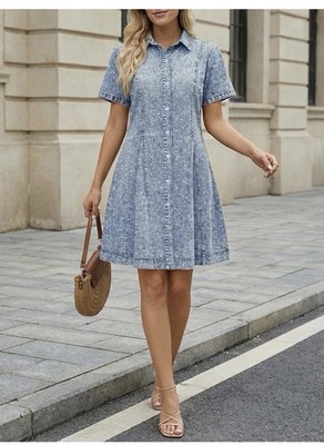 LILLUSORY Women s Denim Dress - Knee Length Button Down Casual Short Sleeves XL