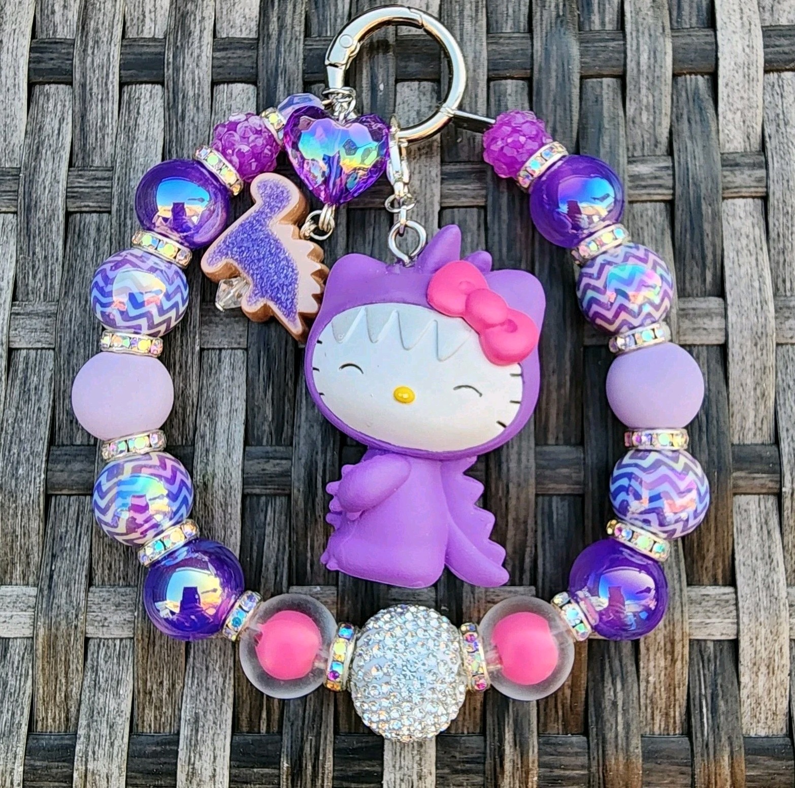 Hello Kitty Dino Beaded Keychain Charm