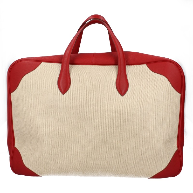 HERMES Victoria 50 Taurillon Clemence Boston Bag in Natural Red Pre-Owned