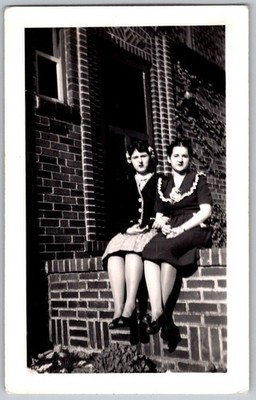 Vtg B&W Snapshot Two Young Women Joan & Jane Sitting On Brick Wall Home 1930s