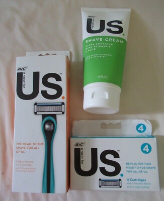 BIC US  Metal Handle Razor + 2 Cartridges, Refill 4 Cartridges,6 oz. Shave Cream
