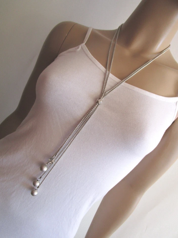 Damen Hals Kette lang Y Modekette Silber Kugeln Perlen Strass Lagenlook Trend - Bild 3 von 4