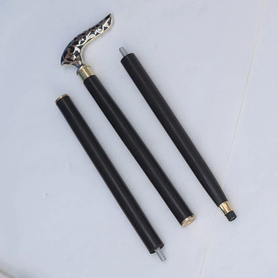 Bastón bastón de madera negro con mango de cabeza de diseño de flores de latón antiguo vintage Foto 2 de 4