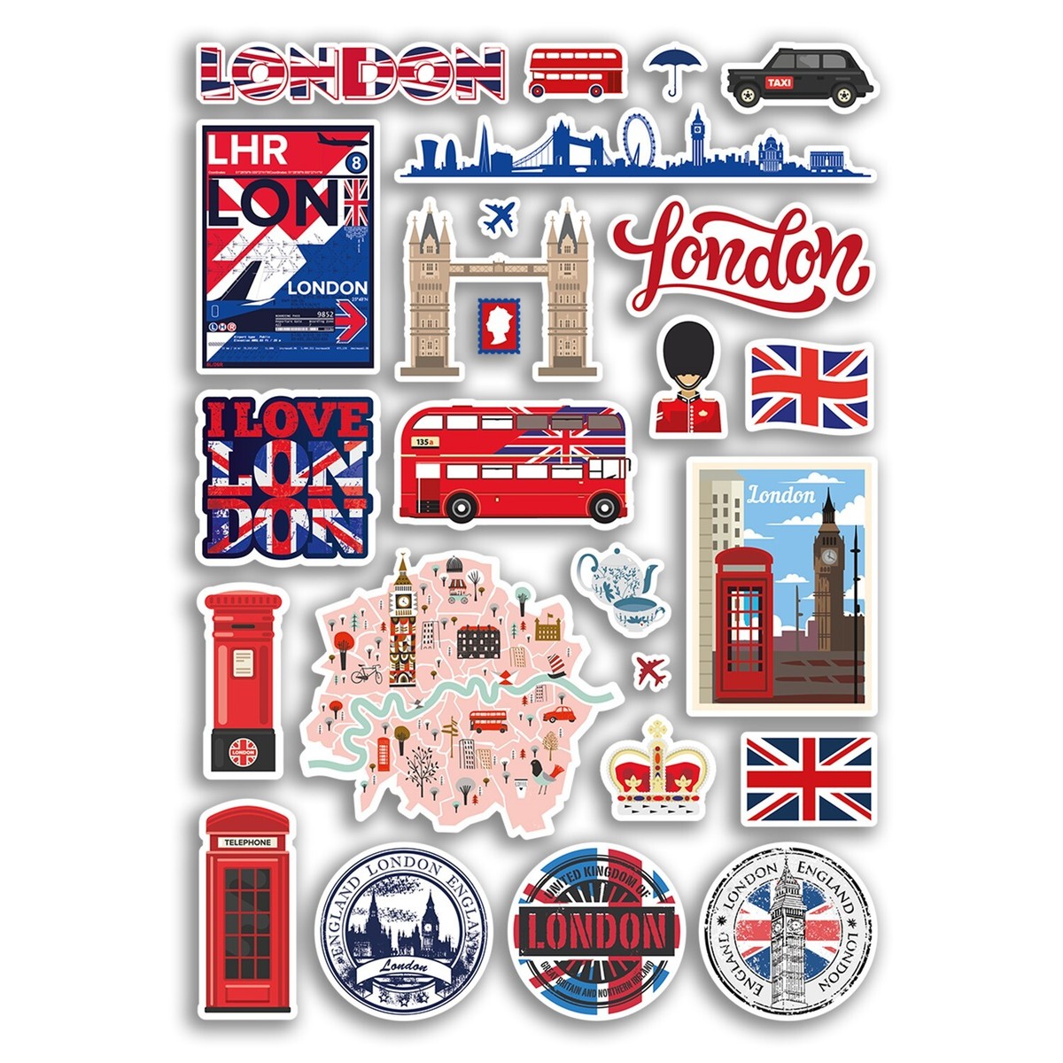 COYUN 50 stuks Londen stickers Londen bus rood voor tieners Groot-Brittannië Engeland Vakantie Reizen Stickers Waterflessen Laptop Laptop Skateboard Scrapbooking Deco UK Brits