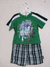 DISNEY"BUZZ LIGHTYEAR" BOYS SZ 12 MO - 2-PC GREEN TOP/ GREEN PLAID SHORTS NWT