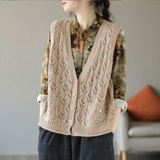 Ladies Button Down Knitted Waistcoat Vest Top Cardigan Sleeveless Jumper Sweater
