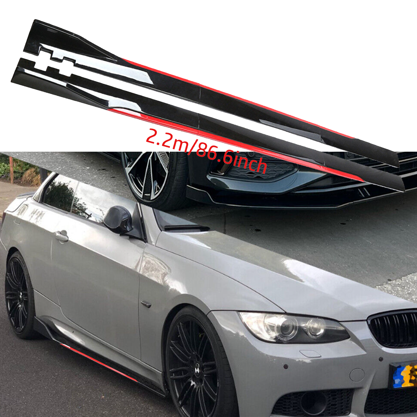 For BMW Side Skirt Extension Body Kit Splitter Spoiler Glossy Black & Red Line