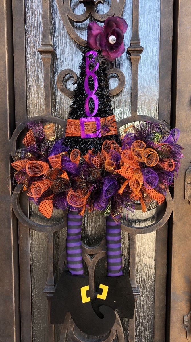 Halloween Orange Purple Black Witch Hat Deco Mesh Wreath With Legs, Door  Decor