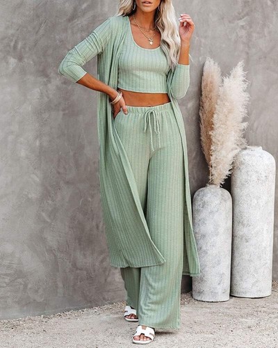 Versatile Women's 3 Piece Pajama Set - Crop Top, Long Sleeve Cardigan & Pants - Picture 5 of 9