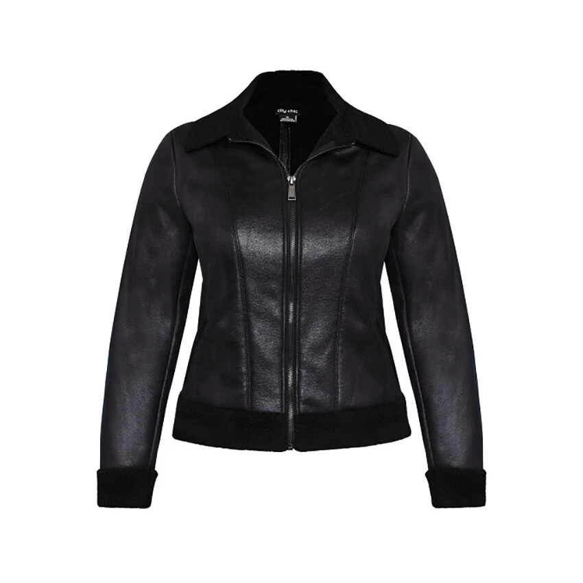 City Chic Womens Black Faux Suede Full Zip Fleece Sherpa Aviator Jacket Plus 24