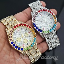 MEN'S ICED HIP HOP LUXURY MULTI COLOR STONE METAL BAND WRIST BLING WATCH