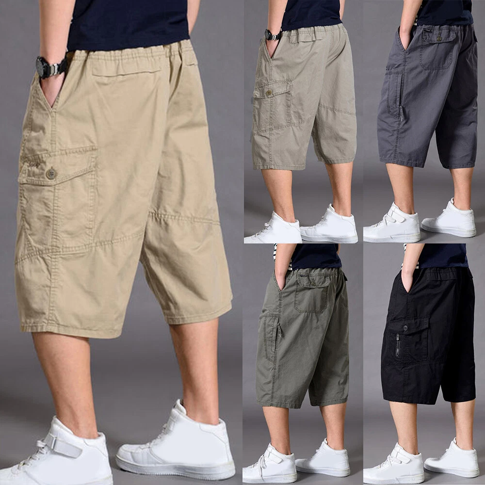 Mens Plus Size 3/4 Length Cargo Pants Wide Leg Shorts Baggy Cotton Trousers