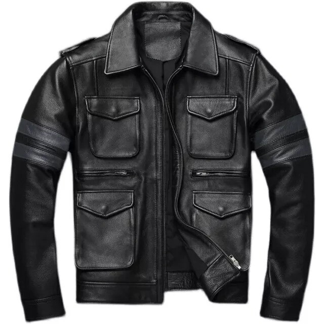 Leather Cargo Pockets Jacket Biker Men Black Classic Design Racer Fashion Coat