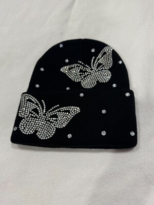 Women Knit Beanie hat Black With Rhinestones Butterflies Rhinestones