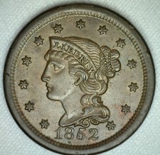 1852 Braided Hair Large Cent Copper US Type Coin Uncirculated 1c Penny Brown