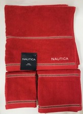 NEW 3 PCS SET NAUTICA BRIG RED ROPE STRIPES COTTON,BATH,HAND TOWEL+WASH CLOTH