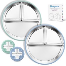 Stainless Steel Plate with Suction 2Pack, 9  Divided Plates with Silicone Suc...