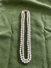 Vintage Cultured Double Pearl Necklace Genuine Emeralds Yellow Gold Tone Clasp