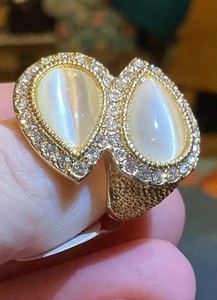 Authentic TEARDROP DOUBLE MOONSTONE Cubic Zirconia, Size 7 1/2, Gold Plated Statement Ring