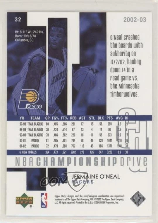 2002-03 Upper Deck Championship Drive Jermaine O'Neal #32 - Image 2 of 2