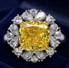 RARE 6.20 Ct Certified Cushion Cut Yellow Natural Diamond Ring White Gold Finish