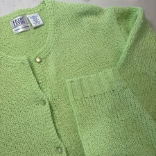 VTG Leon Levin Hand Loomed Cardigan Sweater XL Light Green Womens Opal Buttons