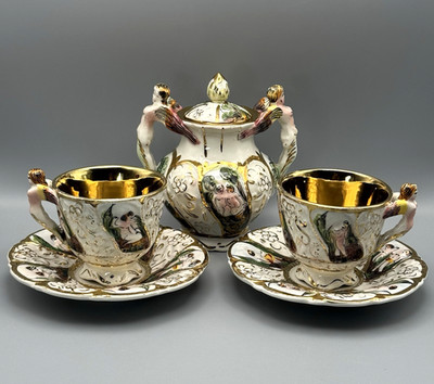 Italien Capodimonte Porzellan Deckel Zuckerdose 2 Teetassen & Untertassen Set Cherubs