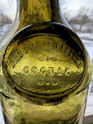 1860s Applied Seal French Cognac Bottle With Crude String Lip Smooth Base