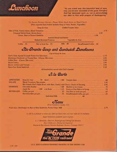 D&RGW Rio Grande Railroad Vintage Luncheon Menu with Prayer to Almighty God bx