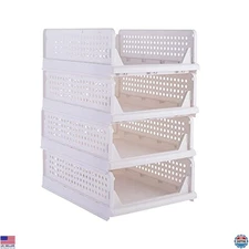 4 Pack White Plastic Folding Closet Organizer Baskets, Stackable Storage Bins