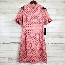 Sharagano Womens NEW Rose Tan Pink Lace Cold Shoulder Ruffle Sleeve Dress Size 4