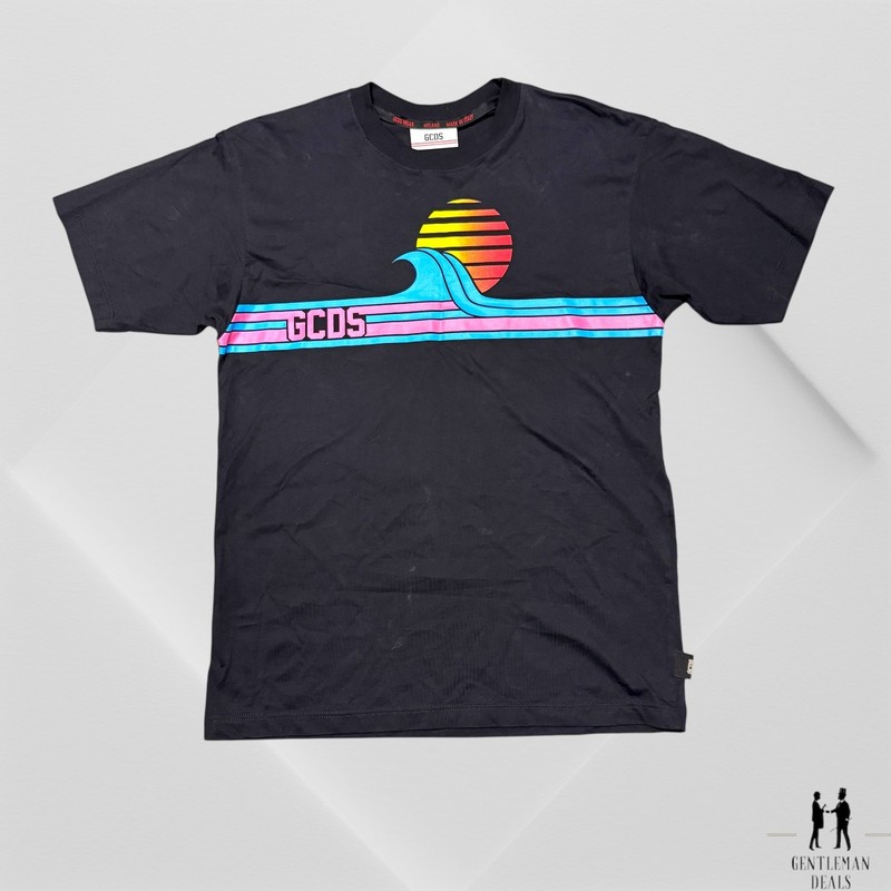 Gcds Mens Black Wave Sunset Cotton Made in Italy Tee T-shirt K-Hawaii Wear