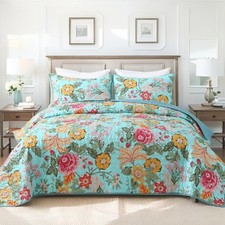 Heymybed Boho Floral Quilt Set Queen Size, 3 Pieces Green Floral Bedspread Co...