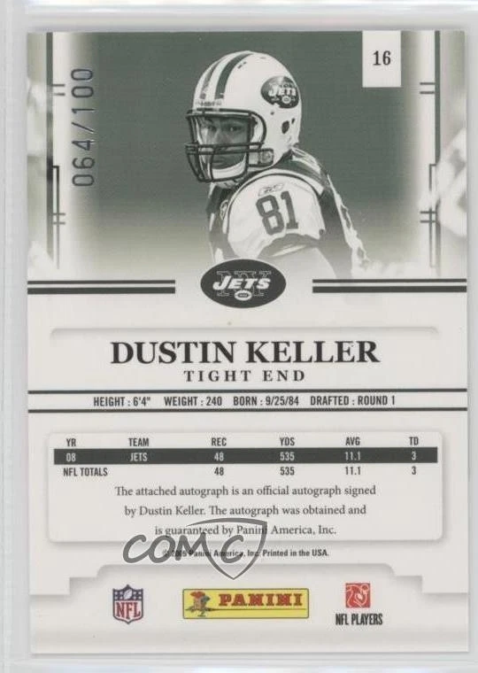 2009 Playoff Prestige Rookie Review Signatures /100 Dustin Keller #16 Auto - Image 2 of 2