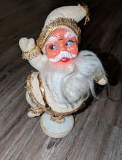 VTG MCM 1950s Flocked Dancing Santa Claus on Stand Gold 8.5" Christmas Hong Kong