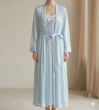 Vintage Barbizon Cuddleskin Blue Satin Peignoir Set Maxi Gown Robe Medium