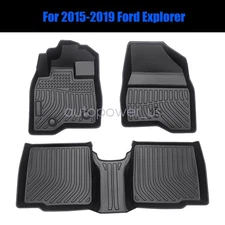 Car Floor Mats Liners Set of 3 Black For 2015-2019 Ford Explorer TPE All-Weather