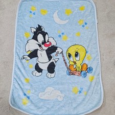 Vintage Baby Looney Tunes Sylvester Tweety Bird 1999 Plush Blanket 42 X 30 Blue