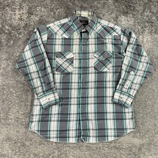 Vintage Panhandle Slim Shirt Mens 17.5 X 34 Grey Green Plaid Pearl Snap USA Made