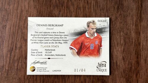 2018 Futera Unique DENNIS BERGKAMP Game Used Memorabilia #1/4 GOLD - Picture 2 of 2